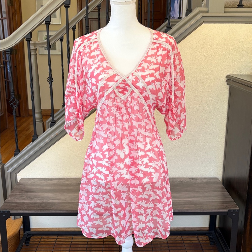 Black Rainn Pink and Cream Bird Print Dress Size Small